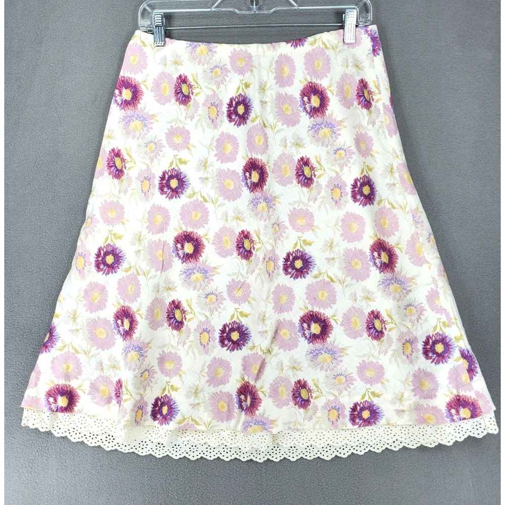 J.‎ Jill 100% Linen Beige Floral Print MIDI A-Line Skirt Size S Flower Print Y2K